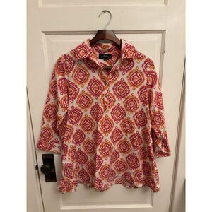 Liza Byrd‎ 100% Cotton Collared Tunic Pink Orange 3/4 Sleeves Size Small